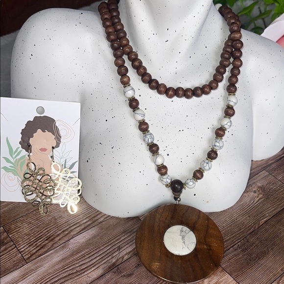 Brown and White Layered Necklace with Circular Pendant - Picture 1 of 6